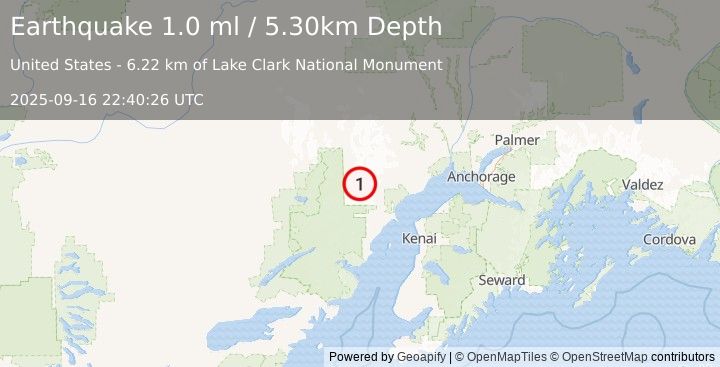 Earthquake 77 km W of Tyonek, Alaska (1.0 ml) (2025-09-16 22:40:26 UTC)