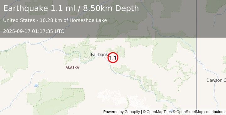 Earthquake 13 km NE of Eielson Air Force Base, Alaska (1.1 ml) (2025-09-17 01:17:35 UTC)
