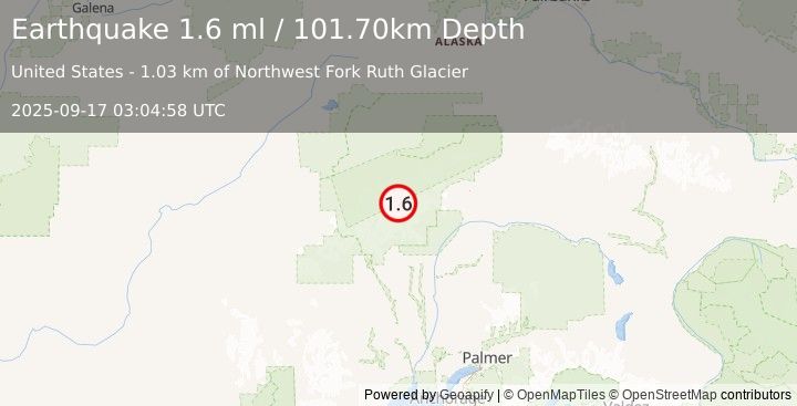 Earthquake 59 km N of Petersville, Alaska (1.6 ml) (2025-09-17 03:04:58 UTC)