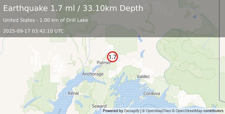 Earthquake 2 km WSW of Chickaloon, Alaska (1.7 ml) (2025-09-17 03:42:10 UTC)