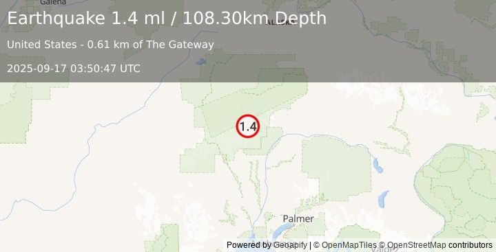 Earthquake 53 km N of Petersville, Alaska (1.4 ml) (2025-09-17 03:50:47 UTC)