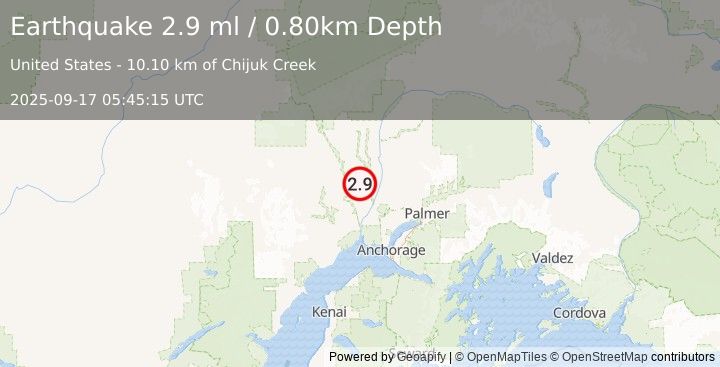 Earthquake 33 km WNW of Willow, Alaska (2.9 ml) (2025-09-17 05:45:15 UTC)