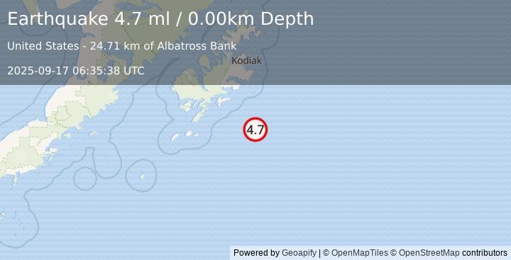 Earthquake 117 km SE of Old Harbor, Alaska (4.6 ml) (2025-09-17 06:35:40 UTC)