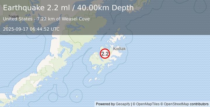 Earthquake 29 km E of Larsen Bay, Alaska (2.2 ml) (2025-09-17 06:44:52 UTC)