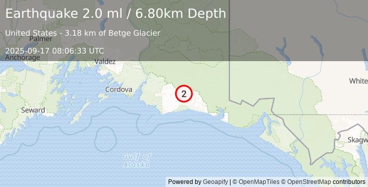 Earthquake 109 km S of McCarthy, Alaska (2.0 ml) (2025-09-17 08:06:33 UTC)