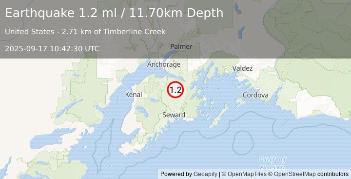 Earthquake 19 km N of Moose Pass, Alaska (1.2 ml) (2025-09-17 10:42:30 UTC)