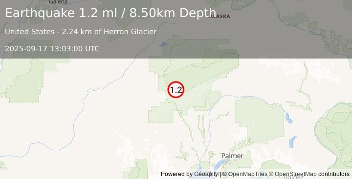 Earthquake 62 km S of Denali National Park, Alaska (1.2 ml) (2025-09-17 13:03:00 UTC)