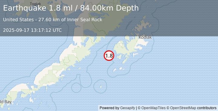 Earthquake 54 km WNW of Akhiok, Alaska (1.8 ml) (2025-09-17 13:17:12 UTC)