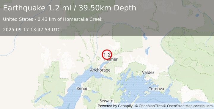 Earthquake 8 km WNW of Fishhook, Alaska (1.2 ml) (2025-09-17 13:42:53 UTC)