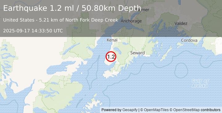 Earthquake 20 km ESE of Ninilchik, Alaska (1.2 ml) (2025-09-17 14:33:50 UTC)