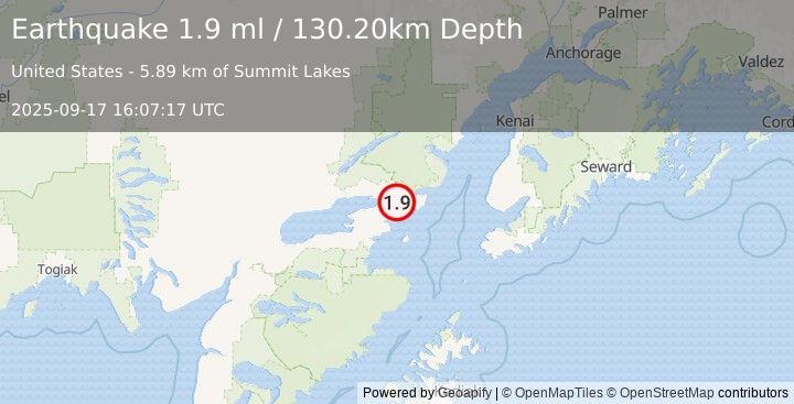 Earthquake 28 km E of Pedro Bay, Alaska (1.9 ml) (2025-09-17 16:07:17 UTC)