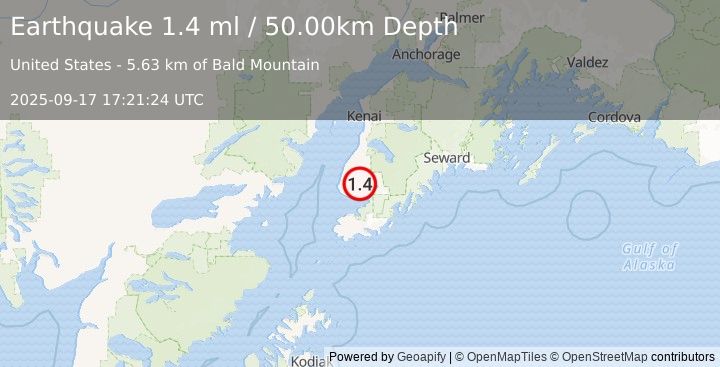 Earthquake 9 km NNW of Fritz Creek, Alaska (1.4 ml) (2025-09-17 17:21:24 UTC)