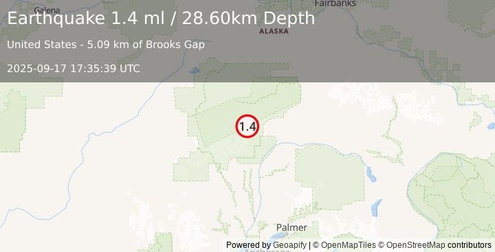 Earthquake 68 km N of Petersville, Alaska (1.4 ml) (2025-09-17 17:35:39 UTC)