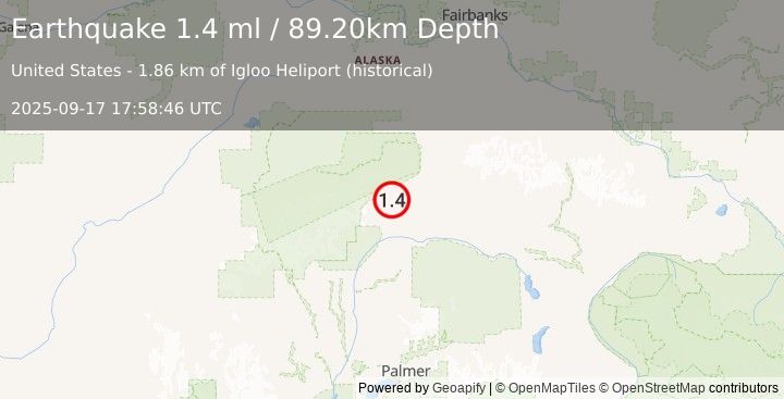 Earthquake 30 km SW of Cantwell, Alaska (1.4 ml) (2025-09-17 17:58:46 UTC)