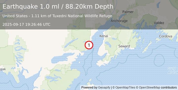 Earthquake 51 km WNW of Ninilchik, Alaska (1.0 ml) (2025-09-17 19:26:46 UTC)