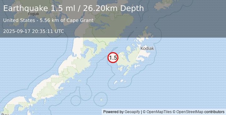 Earthquake 24 km SW of Karluk, Alaska (1.5 ml) (2025-09-17 20:35:11 UTC)