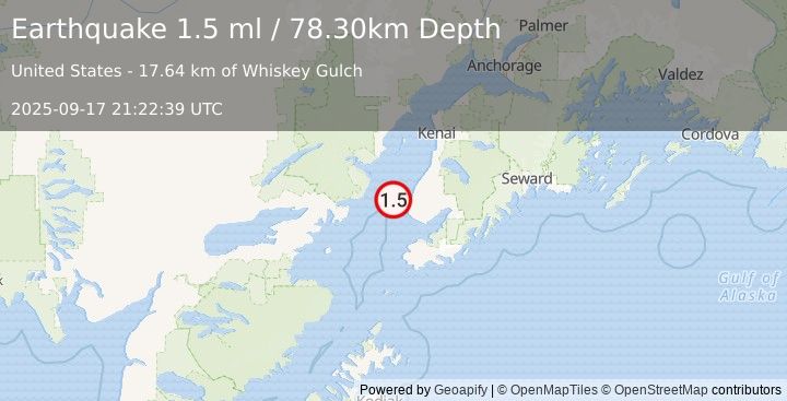 Earthquake 19 km NW of Anchor Point, Alaska (1.5 ml) (2025-09-17 21:22:39 UTC)