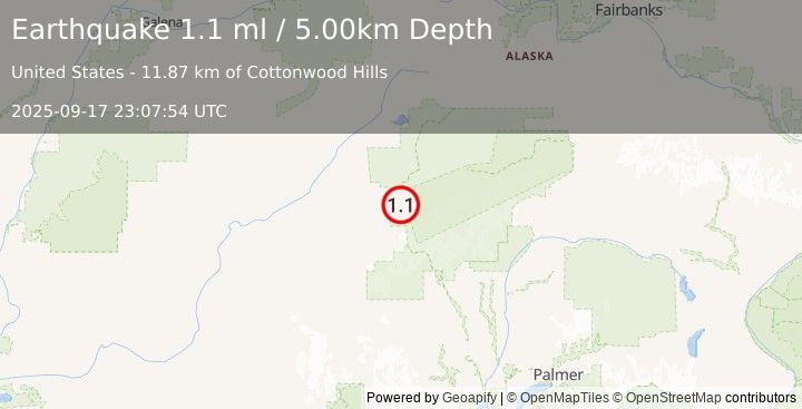 Earthquake 49 km SSW of Denali National Park, Alaska (1.1 ml) (2025-09-17 23:07:54 UTC)
