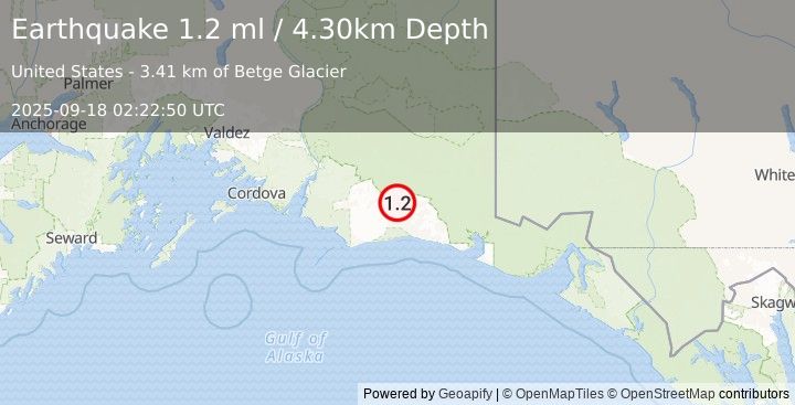 Earthquake 109 km S of McCarthy, Alaska (1.2 ml) (2025-09-18 02:22:50 UTC)