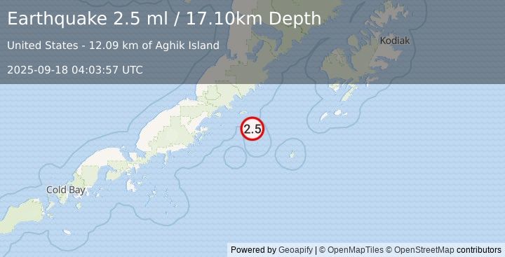 Earthquake 95 km E of Chignik, Alaska (2.5 ml) (2025-09-18 04:03:57 UTC)