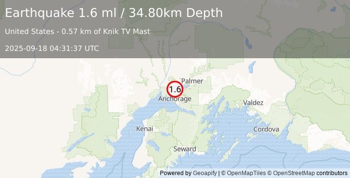 Earthquake 8 km NE of Point MacKenzie, Alaska (1.6 ml) (2025-09-18 04:31:37 UTC)
