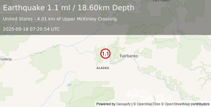 Earthquake 27 km SSW of Minto, Alaska (1.1 ml) (2025-09-18 07:20:54 UTC)