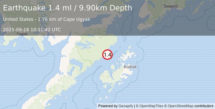 Earthquake 73 km WNW of Aleneva, Alaska (1.4 ml) (2025-09-18 10:11:42 UTC)