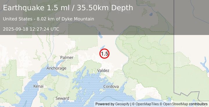 Earthquake 37 km SSE of Mendeltna, Alaska (1.5 ml) (2025-09-18 12:27:24 UTC)