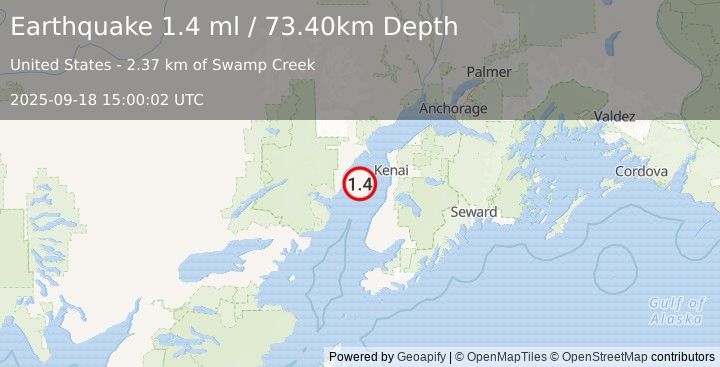 Earthquake 35 km W of Cohoe, Alaska (1.4 ml) (2025-09-18 15:00:02 UTC)