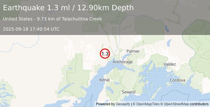 Earthquake 38 km W of Susitna, Alaska (1.3 ml) (2025-09-18 17:40:54 UTC)
