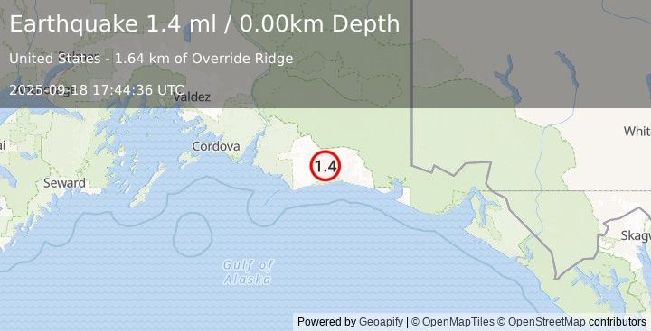 Earthquake 125 km S of McCarthy, Alaska (1.4 ml) (2025-09-18 17:44:36 UTC)