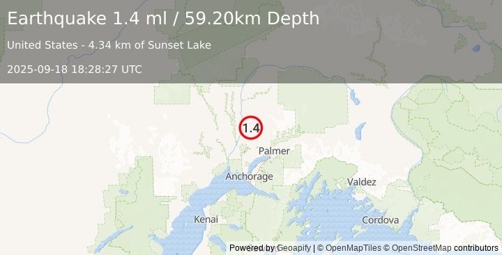 Earthquake 23 km S of Susitna North, Alaska (1.4 ml) (2025-09-18 18:28:27 UTC)