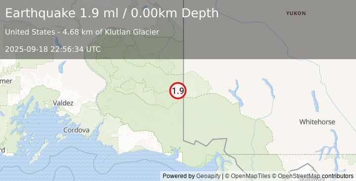 Earthquake 89 km E of McCarthy, Alaska (1.9 ml) (2025-09-18 22:56:34 UTC)