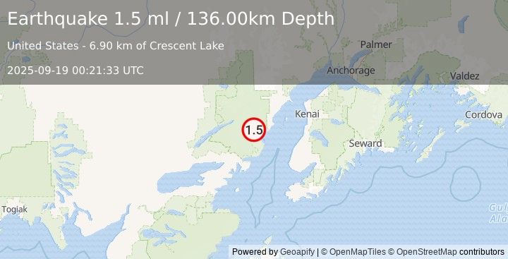 Earthquake 74 km WNW of Ninilchik, Alaska (1.5 ml) (2025-09-19 00:21:33 UTC)