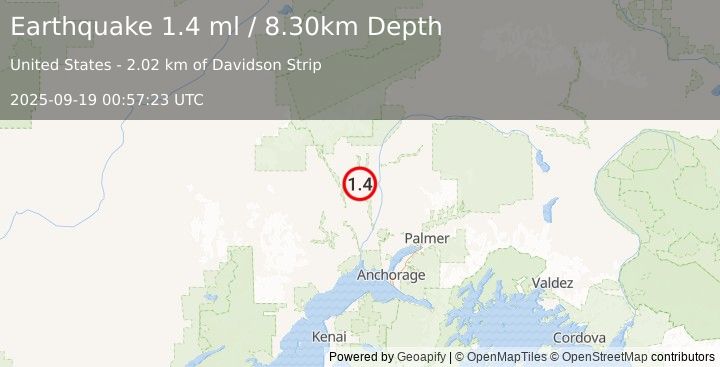 Earthquake 24 km SW of Trapper Creek, Alaska (1.4 ml) (2025-09-19 00:57:23 UTC)