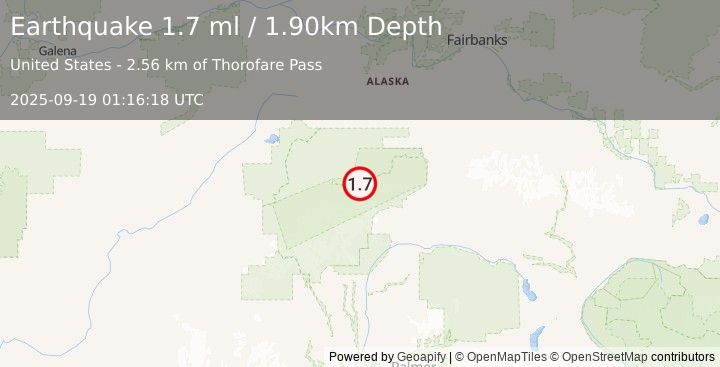 Earthquake 67 km W of Cantwell, Alaska (1.7 ml) (2025-09-19 01:16:18 UTC)