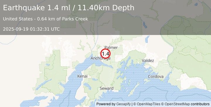 Earthquake 7 km NNE of Eagle River, Alaska (1.4 ml) (2025-09-19 01:32:31 UTC)
