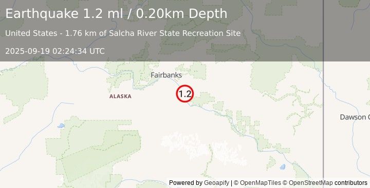 Earthquake 4 km S of Salcha, Alaska (1.2 ml) (2025-09-19 02:24:34 UTC)