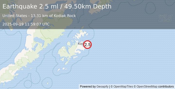 Earthquake 21 km NE of Chiniak, Alaska (2.5 ml) (2025-09-19 11:59:07 UTC)