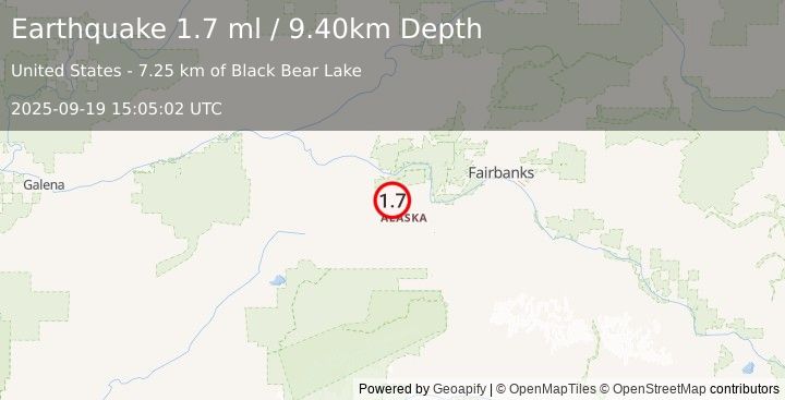 Earthquake 37 km W of Four Mile Road, Alaska (1.7 ml) (2025-09-19 15:05:02 UTC)