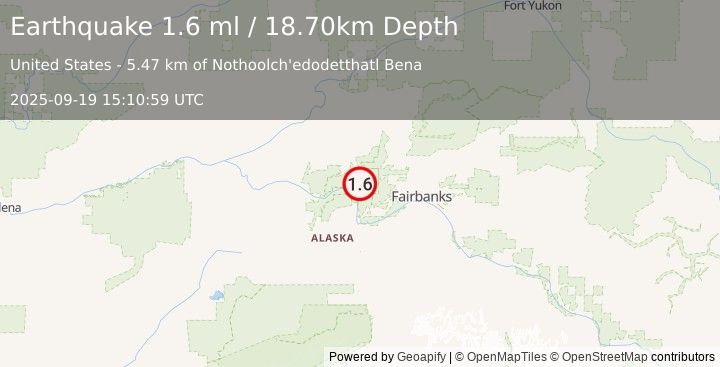 Earthquake 25 km SSE of Minto, Alaska (1.6 ml) (2025-09-19 15:10:59 UTC)