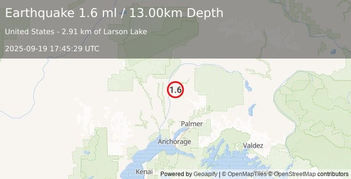 Earthquake 13 km E of Talkeetna, Alaska (1.6 ml) (2025-09-19 17:45:29 UTC)