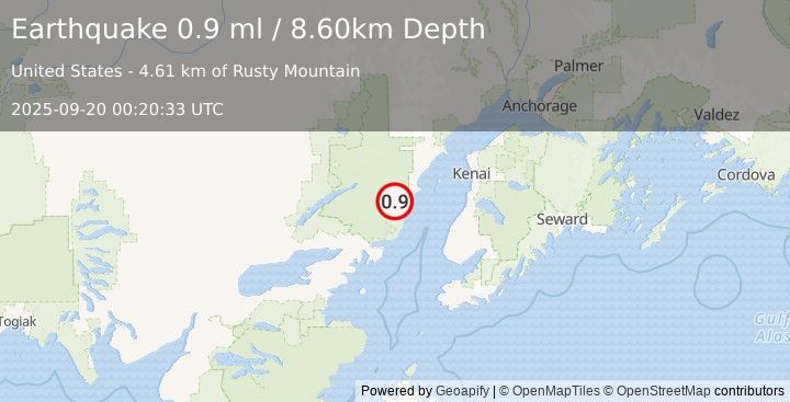 Earthquake 67 km WNW of Ninilchik, Alaska (0.9 ml) (2025-09-20 00:20:33 UTC)