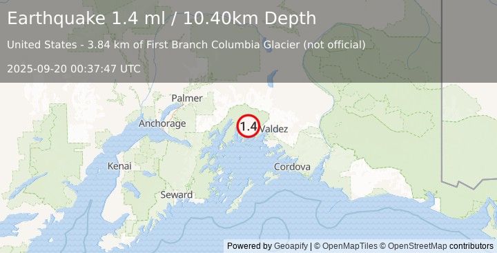 Earthquake 41 km NW of Tatitlek, Alaska (1.4 ml) (2025-09-20 00:37:47 UTC)