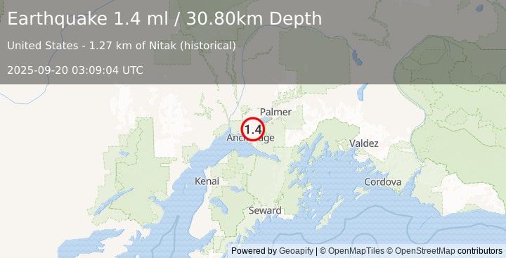 Earthquake 8 km ESE of Point MacKenzie, Alaska (1.4 ml) (2025-09-20 03:09:04 UTC)