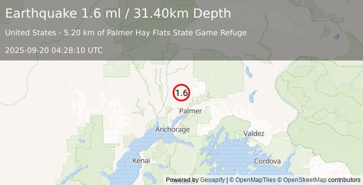 Earthquake 27 km SE of Susitna North, Alaska (1.6 ml) (2025-09-20 04:28:10 UTC)