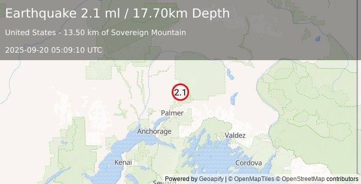 Earthquake 28 km N of Sutton-Alpine, Alaska (2.1 ml) (2025-09-20 05:09:10 UTC)