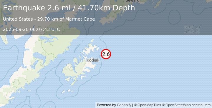Earthquake 63 km ENE of Kodiak, Alaska (2.6 ml) (2025-09-20 06:07:43 UTC)