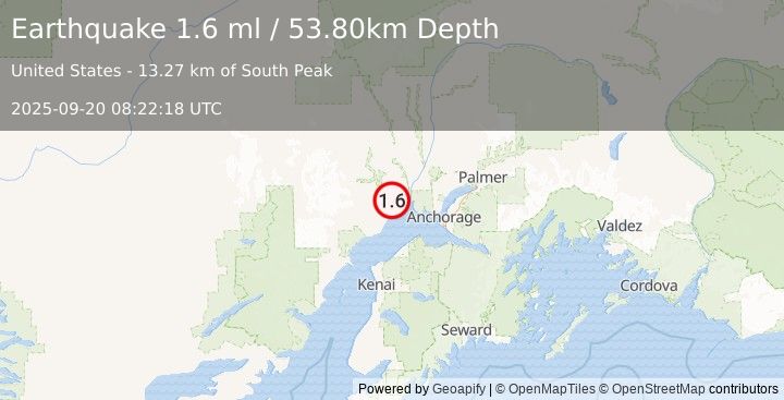 Earthquake 27 km NNE of Beluga, Alaska (1.6 ml) (2025-09-20 08:22:18 UTC)