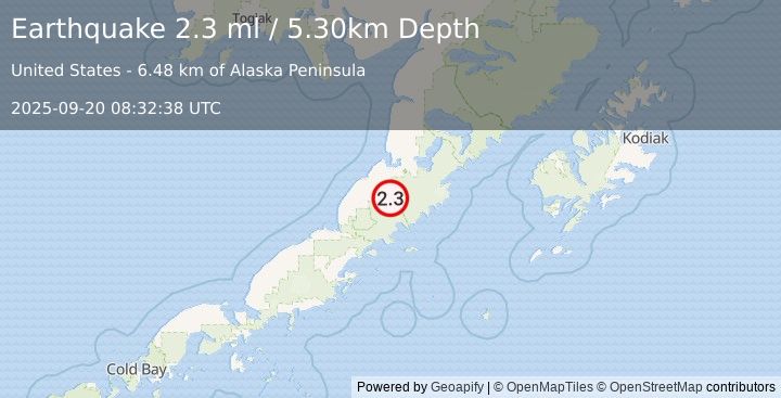 Earthquake 44 km SSW of Ugashik, Alaska (2.3 ml) (2025-09-20 08:32:38 UTC)